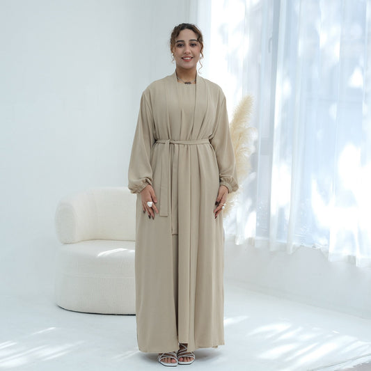 Ensemble 2 pièces en tissu froissé, cardigan et robe abaya ouverte