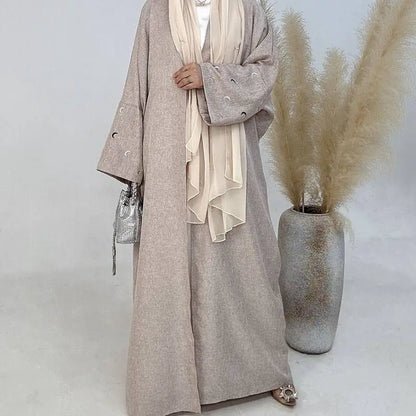 Robe Abaya ouverte avec cardigan brodé de lune