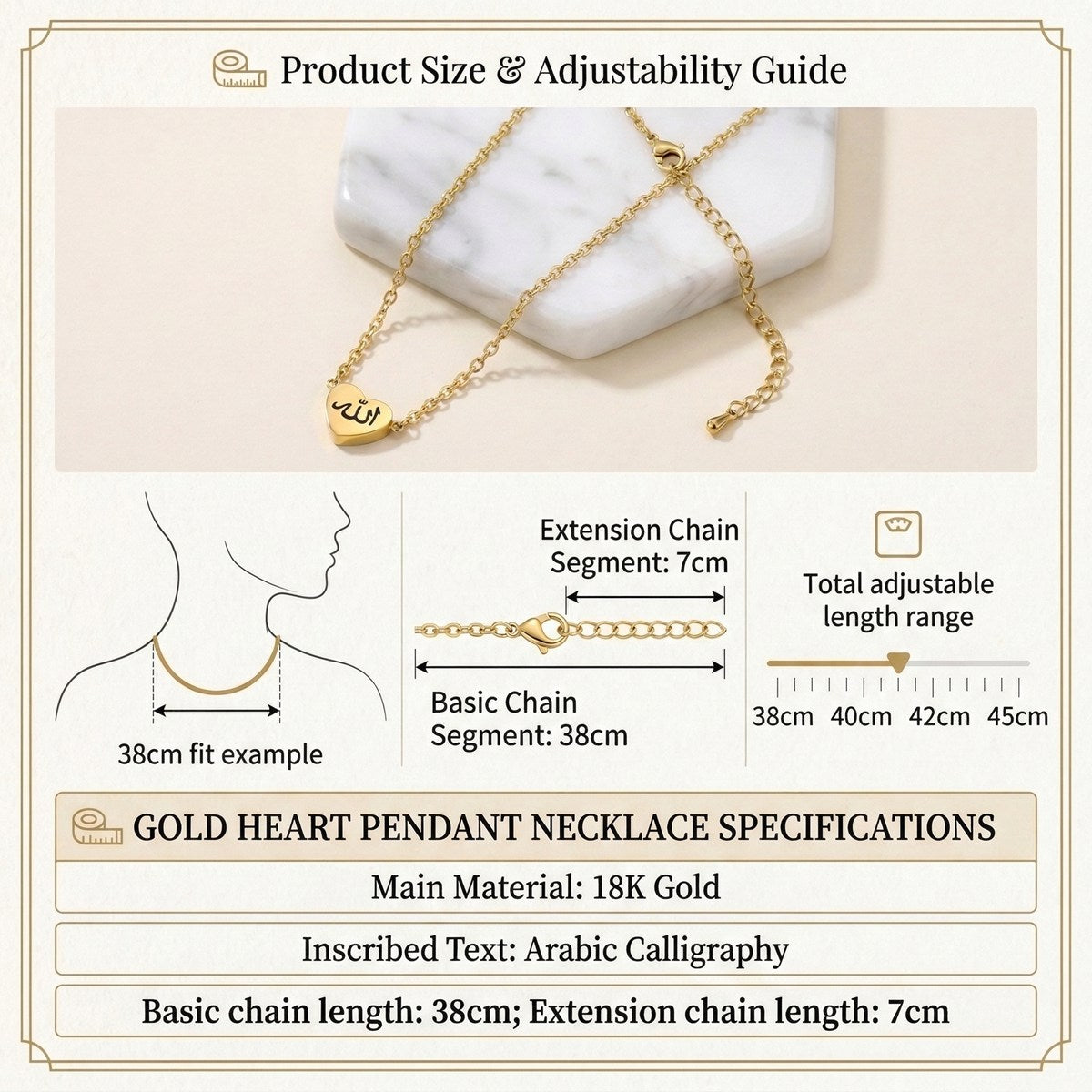 18K Gold Heart Arabic Necklace Jewelry