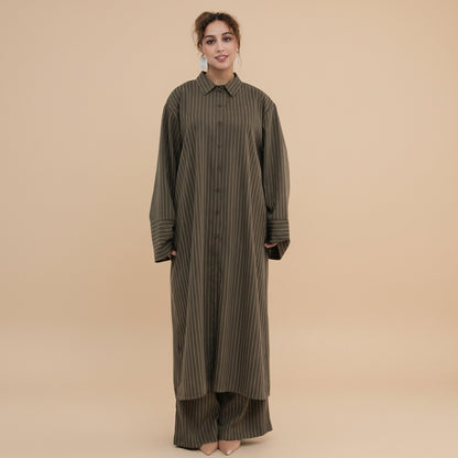 2 Pieces Set Abaya Tops And Pants Suit Set - With Stripe Pattern - Muslim Women Daily Wear - #261293