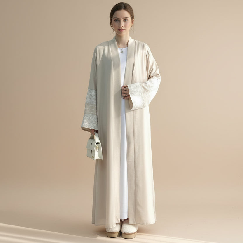 Robe Abaya ouverte avec cardigan à manches brodées