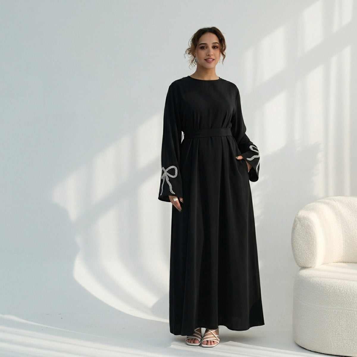 Beaded Bow Sleeve Abaya Dress For Women - Modest Abaya - Nida - Black/Dark Coffee/Maroon/Taro - #261086