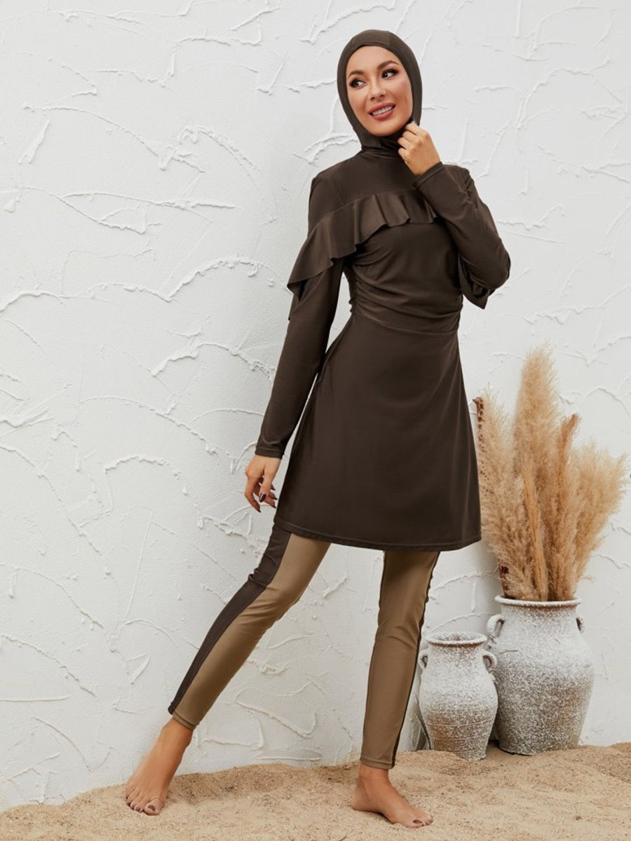 Muslim Burkini 3 Pieces Set Swimsuit Swimwear - Islamic Halal Bathing Suit - Coffee - #2611064