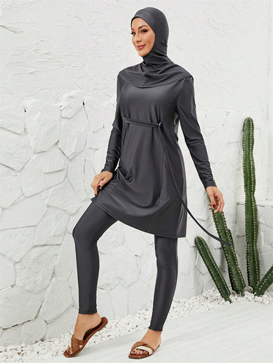Muslim Burkini 3 Pieces Set Swimsuit Swimwear - Islamic Halal Bathing Suit - Dark Gray - #2611064