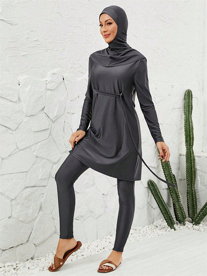 Muslim Burkini 3 Pieces Set Swimsuit Swimwear - Islamic Halal Bathing Suit - Dark Gray - #2611064
