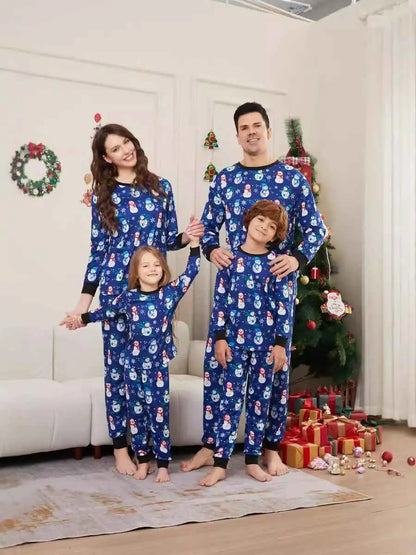 Ensemble pyjama de Noël assorti pour toute la famille, motif bonhomme de neige bleu