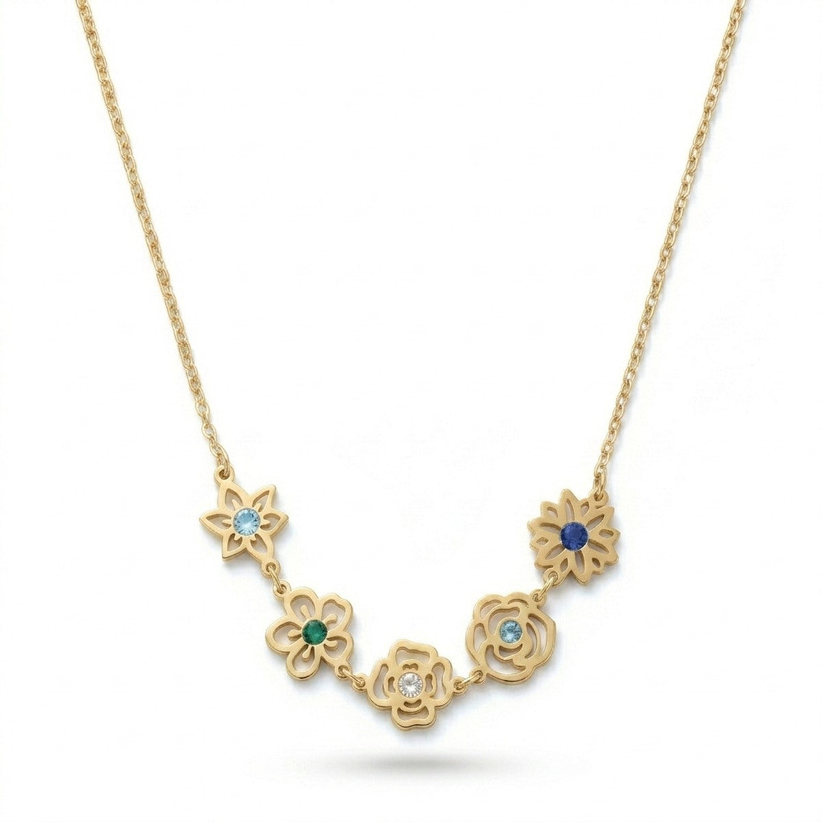 Custom Multiple Birth Flower Necklace With Birthstone - Personalized Jewelry - Gold/Silver - Gift For Mom/Grandmother/Girlfriend - #1403