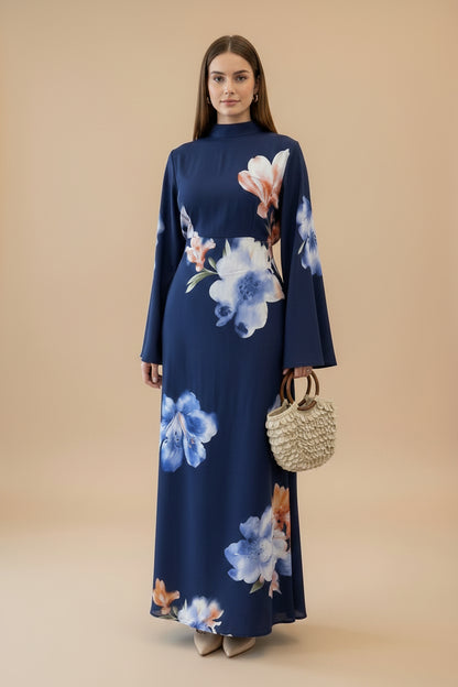 Muslim Women Printed Wrinkle Abaya Dress With Inner Belt #261358