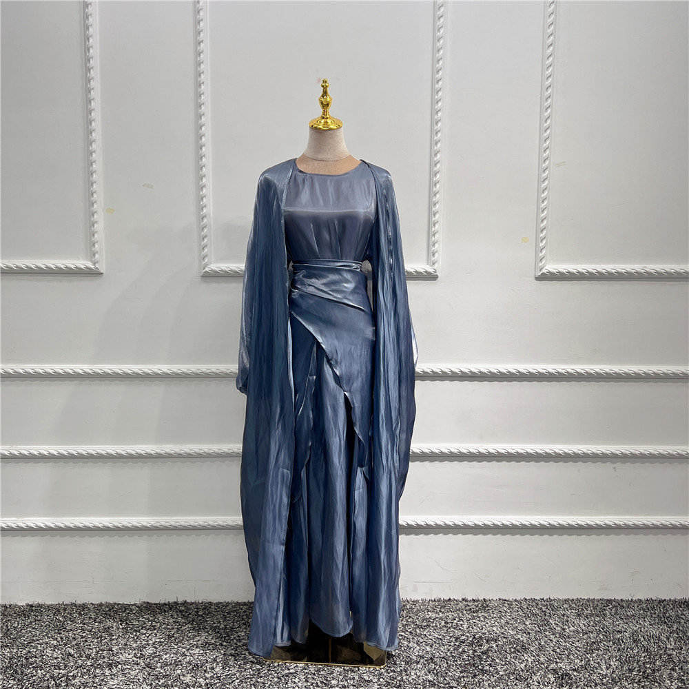 Ensemble 3 pièces gris foncé XL pour femmes musulmanes, robe abaya, couleur unie