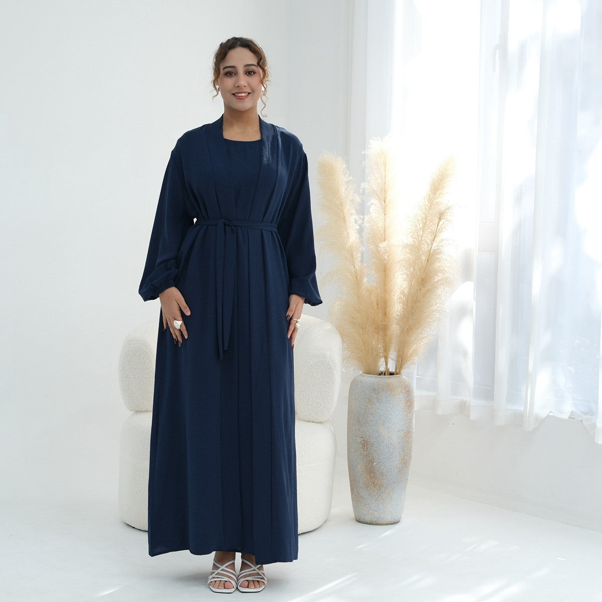 Ensemble 2 pièces en tissu froissé, cardigan et robe abaya ouverte
