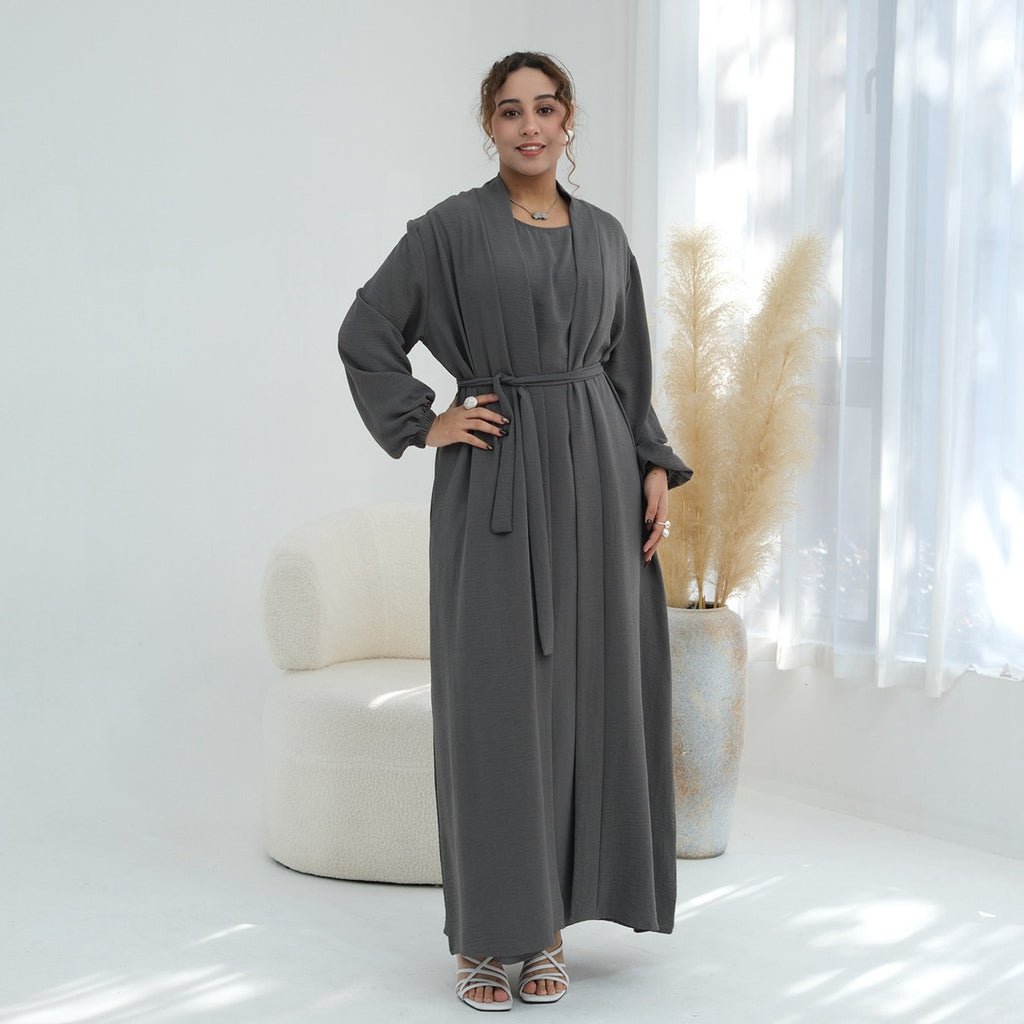 Ensemble 2 pièces en tissu froissé, cardigan et robe abaya ouverte