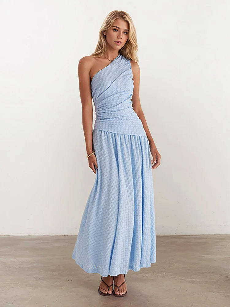 Robe bleu clair à une épaule #252581