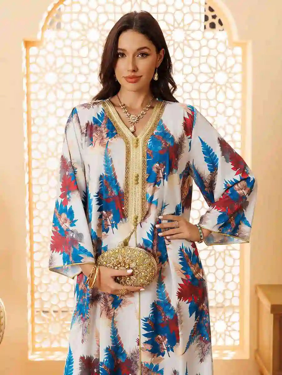 Hotfix Rhinestone Printed Eid Caftan Kaftan Dress #24434