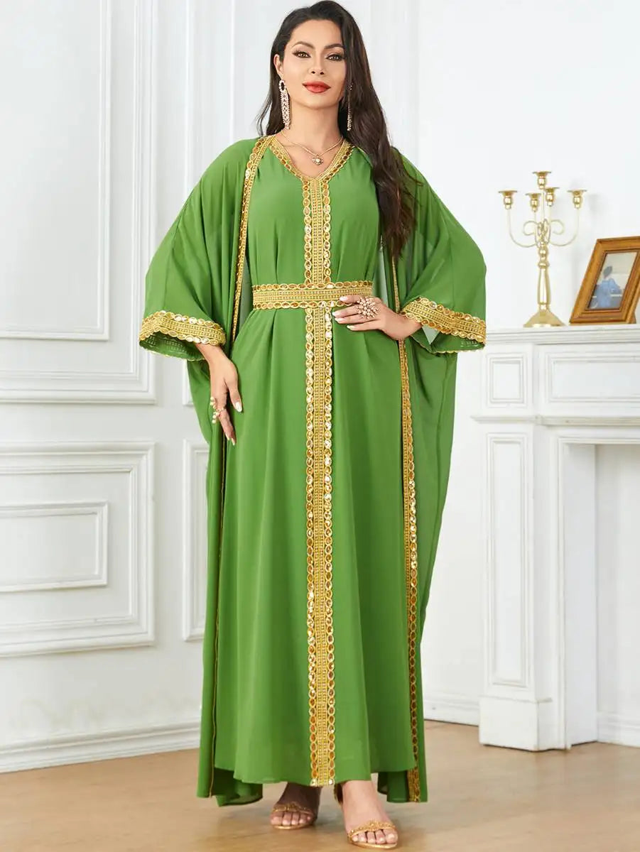 Robe en mousseline de soie 2 pièces pour l'Aïd, caftan, robe caftan avec robe intérieure sans manches