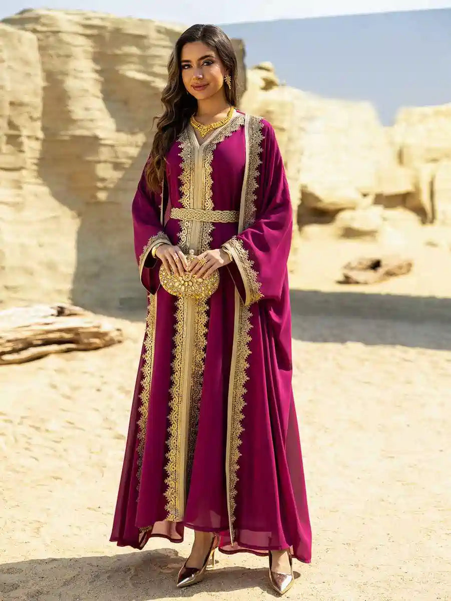 Robe caftan en mousseline de soie pour femme - Ensemble 2 pièces - Avec robe intérieure - Tenues de l'Aïd - #25465