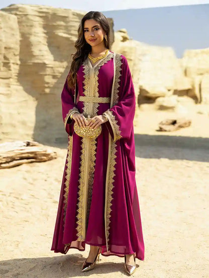 Robe caftan en mousseline de soie pour femme - Ensemble 2 pièces - Avec robe intérieure - Tenues de l'Aïd - #25465