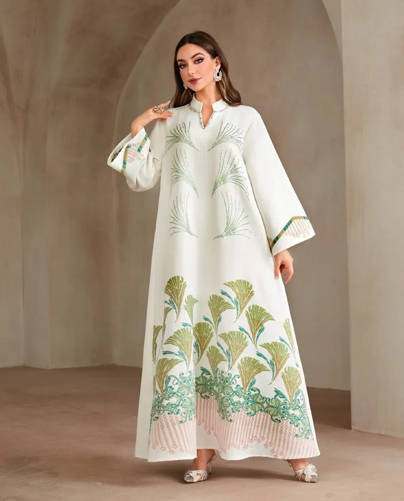 Eid Hotfix Rhinestones Jacquard Fabric Caftan Kaftan Dress #25475