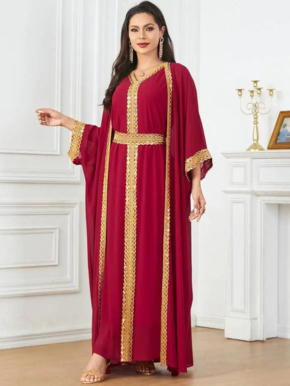 Robe en mousseline de soie 2 pièces pour l'Aïd, caftan, robe caftan avec robe intérieure sans manches