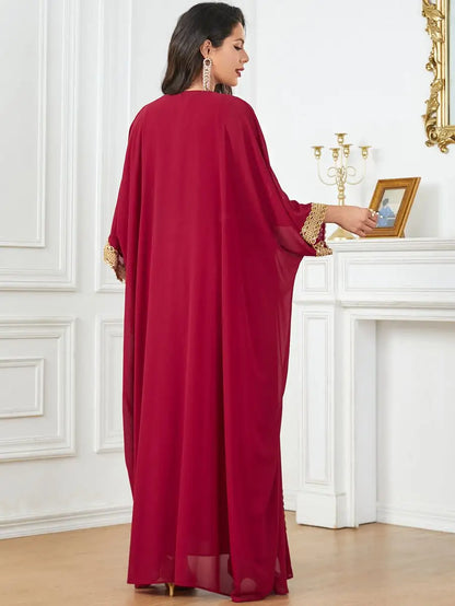 Robe en mousseline de soie 2 pièces pour l'Aïd, caftan, robe caftan avec robe intérieure sans manches