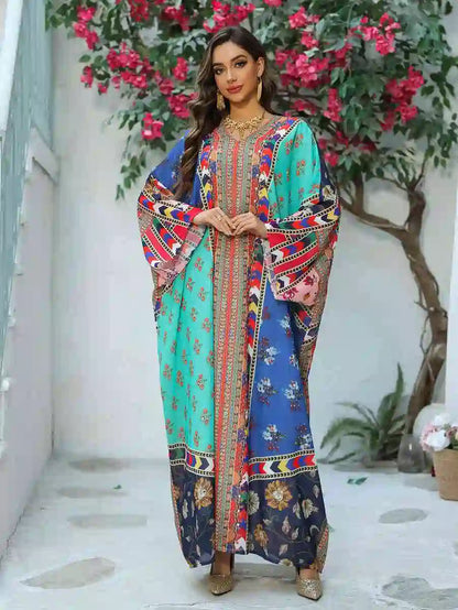 Hotfix Rhinestone Chiffon Printed Caftan Kaftan Dress For Eid And Wedding #25466