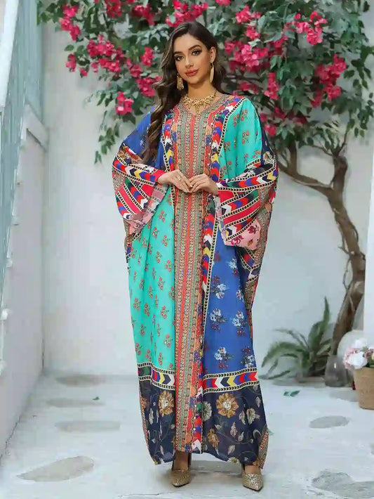 Robe caftan en mousseline de soie imprimée avec strass, pour l'Aïd et le mariage, n° 25466