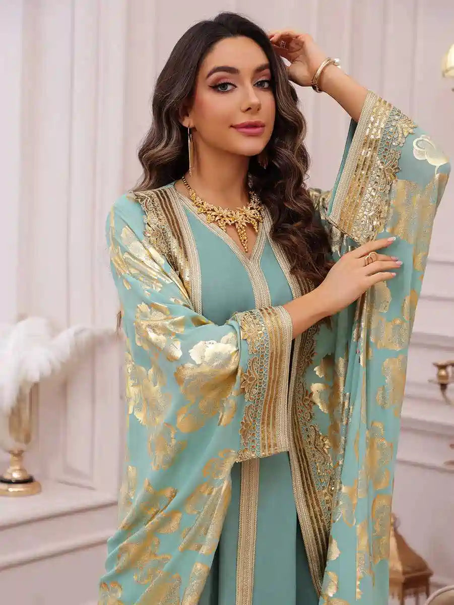 Eid Dress 2 Pieces Set Bronzing Caftan Kaftan With Inner Sleeveless Dress #25473