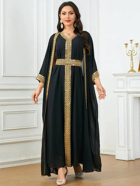 Robe en mousseline de soie 2 pièces pour l'Aïd, caftan, robe caftan avec robe intérieure sans manches
