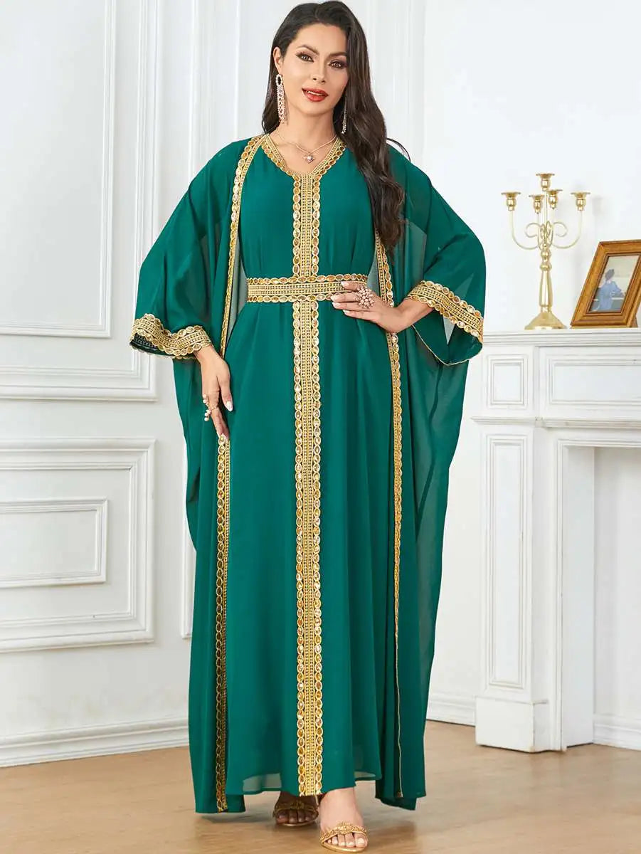 Robe en mousseline de soie 2 pièces pour l'Aïd, caftan, robe caftan avec robe intérieure sans manches