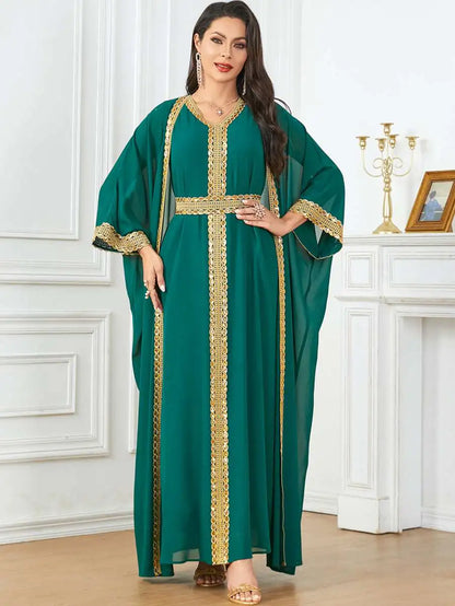 Robe en mousseline de soie 2 pièces pour l'Aïd, caftan, robe caftan avec robe intérieure sans manches