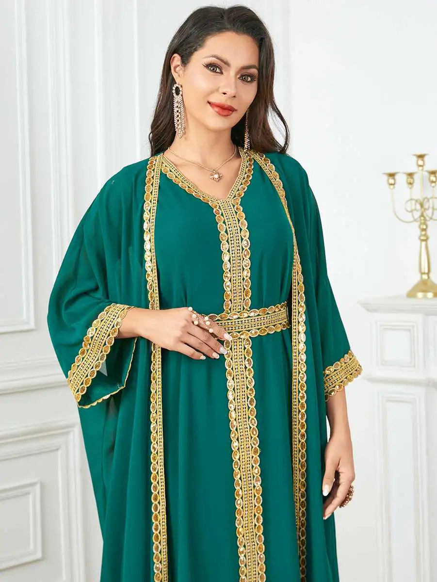 Robe en mousseline de soie 2 pièces pour l'Aïd, caftan, robe caftan avec robe intérieure sans manches