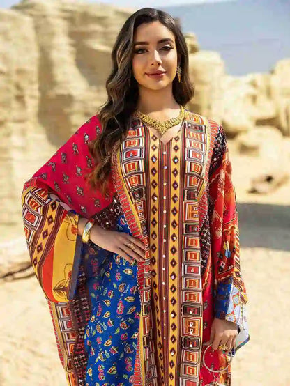 Hotfix Rhinestone Chiffon Printed Caftan Kaftan Dress For Eid And Wedding #25466