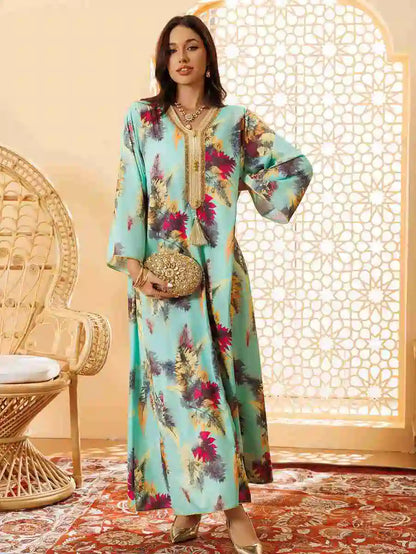 Hotfix Rhinestone Printed Eid Caftan Kaftan Dress #24434