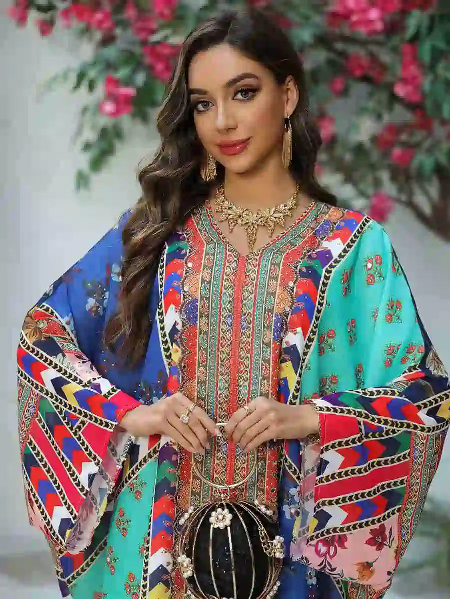 Hotfix Rhinestone Chiffon Printed Caftan Kaftan Dress For Eid And Wedding #25466