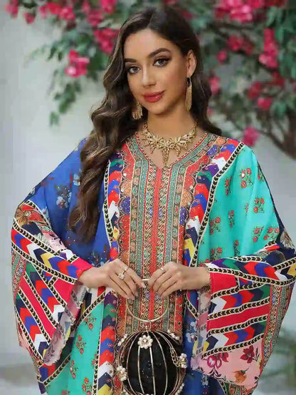 Hotfix Rhinestone Chiffon Printed Caftan Kaftan Dress For Eid And Wedding #25466