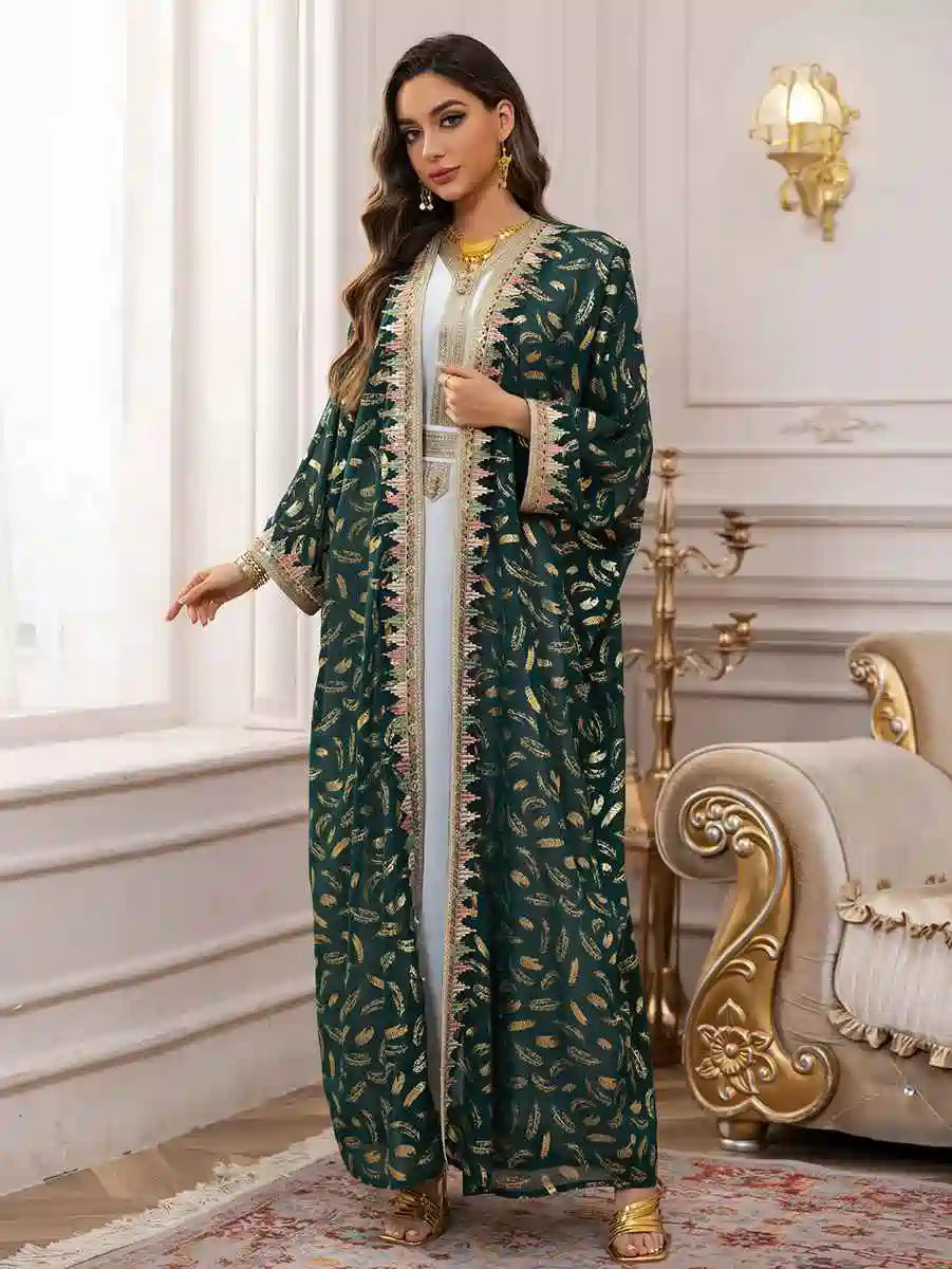 Eid 2 Pieces Set Bronzing Chiffon Caftan Kaftan Dress With Inner Sleeveless Dress #25454