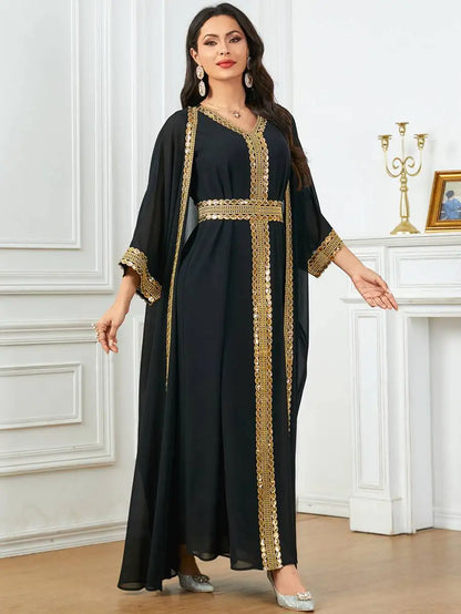 Robe en mousseline de soie 2 pièces pour l'Aïd, caftan, robe caftan avec robe intérieure sans manches