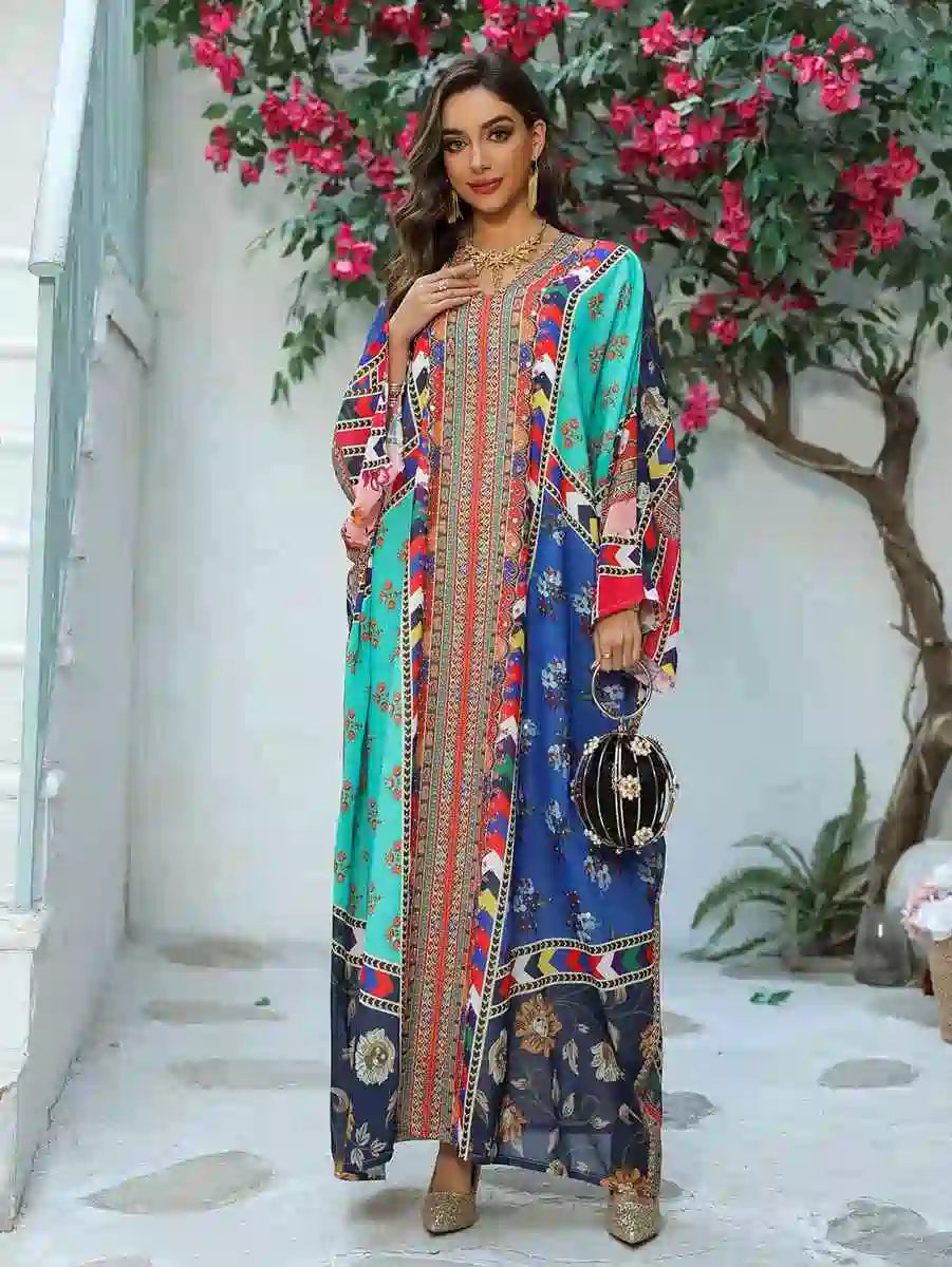 Hotfix Rhinestone Chiffon Printed Caftan Kaftan Dress For Eid And Wedding #25466