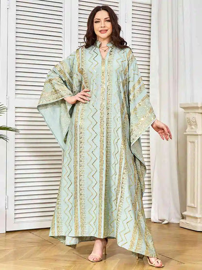 Eid Sequins Embroidered Batwing Sleeve Farasha Caftan Kaftan Dress #25381