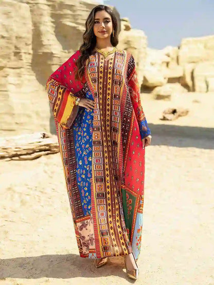 Hotfix Rhinestone Chiffon Printed Caftan Kaftan Dress For Eid And Wedding #25466