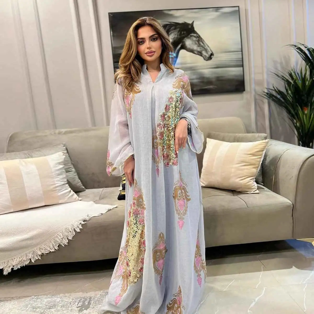 Robe de l'Aïd à paillettes et broderies pour femme, caftan, robe jalabiya