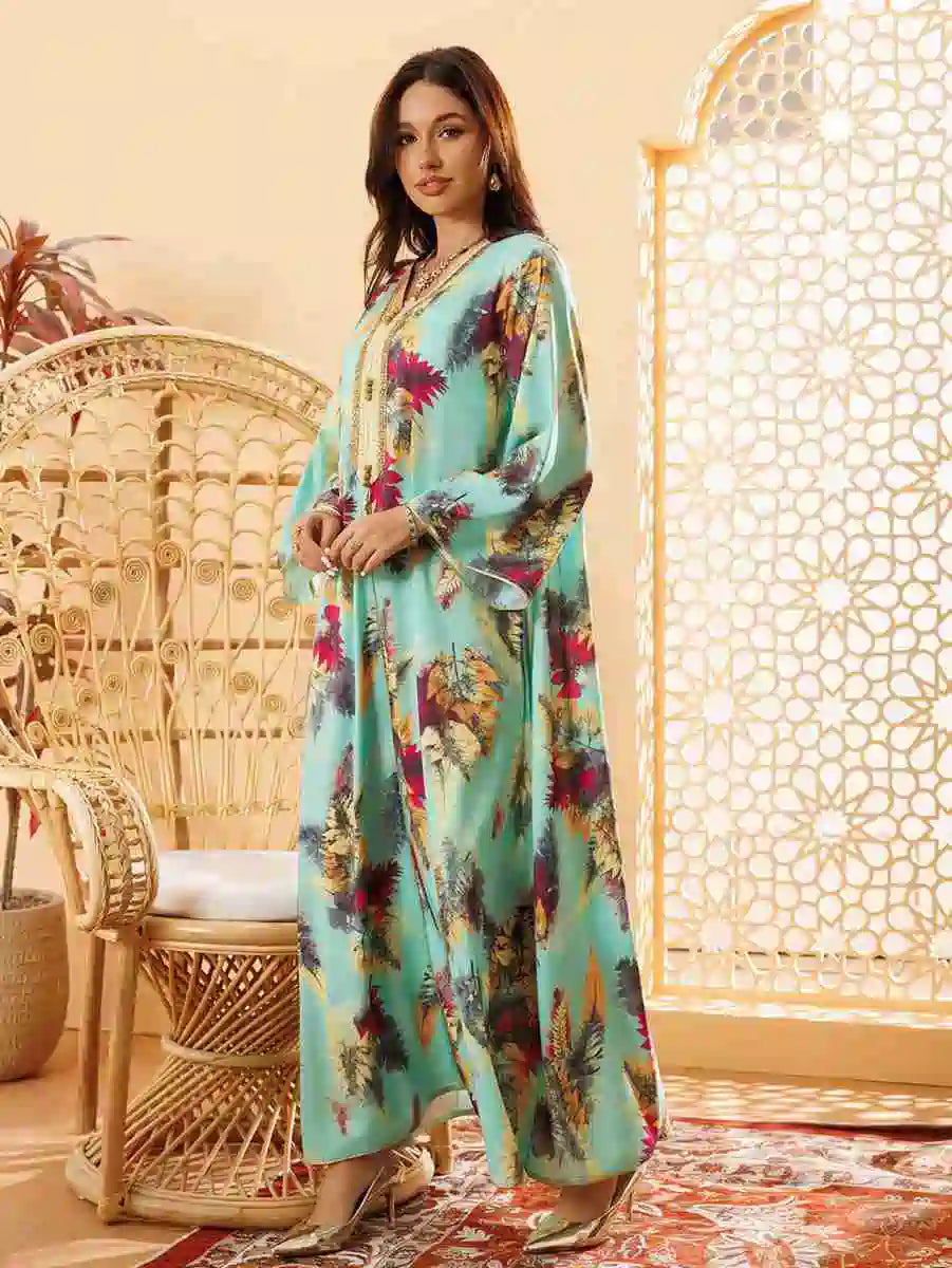 Hotfix Rhinestone Printed Eid Caftan Kaftan Dress #24434