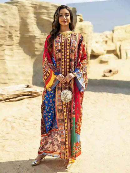 Hotfix Rhinestone Chiffon Printed Caftan Kaftan Dress For Eid And Wedding #25466