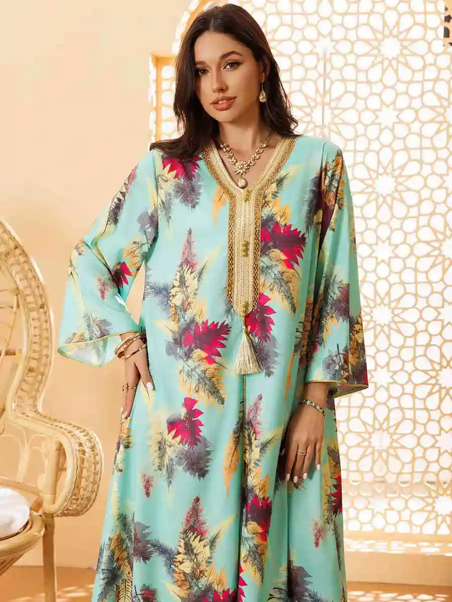 Hotfix Rhinestone Printed Eid Caftan Kaftan Dress #24434