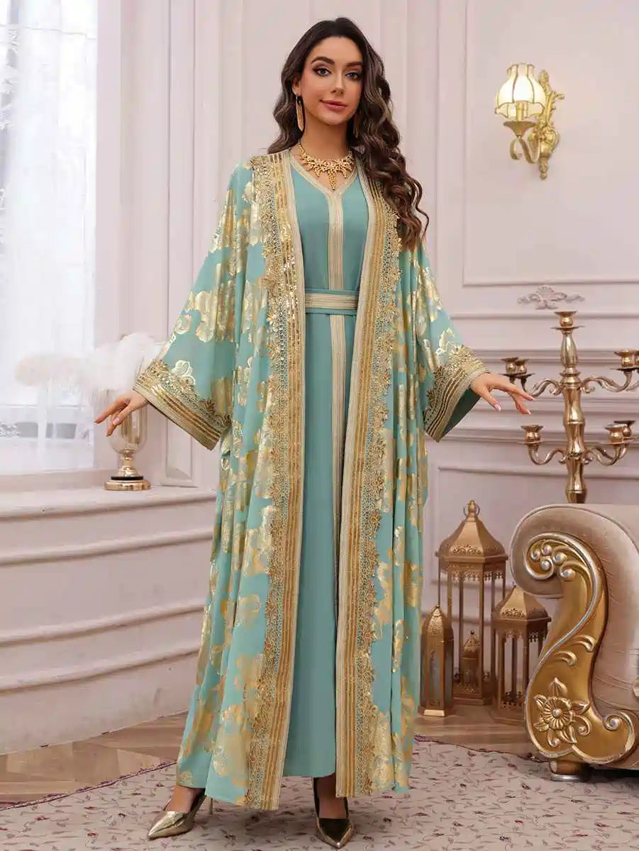 Eid Dress 2 Pieces Set Bronzing Caftan Kaftan With Inner Sleeveless Dress #25473