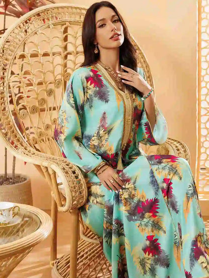 Hotfix Rhinestone Printed Eid Caftan Kaftan Dress #24434