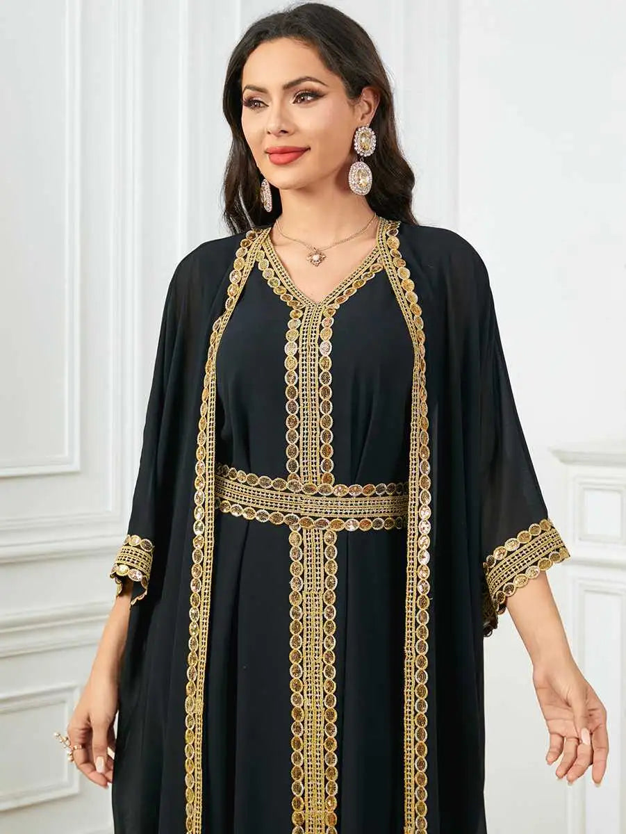 Robe en mousseline de soie 2 pièces pour l'Aïd, caftan, robe caftan avec robe intérieure sans manches