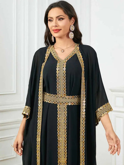 Robe en mousseline de soie 2 pièces pour l'Aïd, caftan, robe caftan avec robe intérieure sans manches