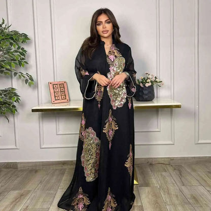 Robe de l'Aïd à paillettes et broderies pour femme, caftan, robe jalabiya