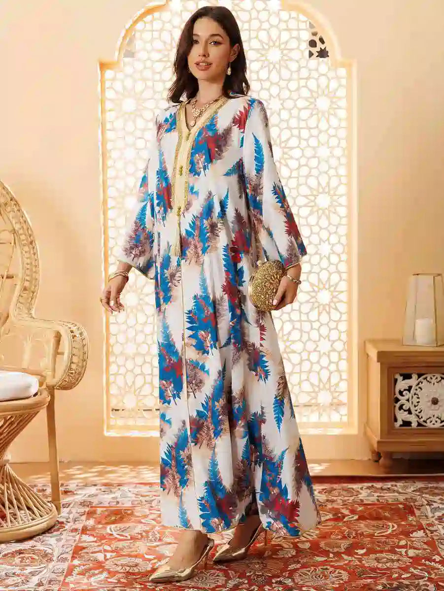 Hotfix Rhinestone Printed Eid Caftan Kaftan Dress #24434