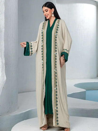 Ensemble 2 pièces pour l'Aïd, caftan avec bordure en dentelle, robe caftan #255233